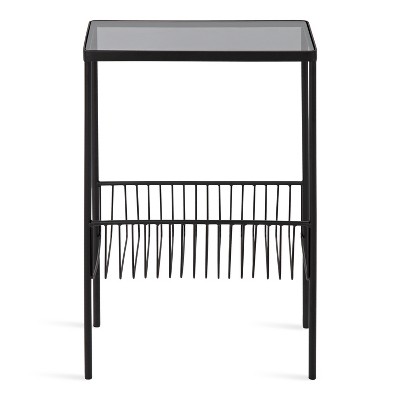 Trubey 18.9" Black Metal and Glass Side Table with Storage