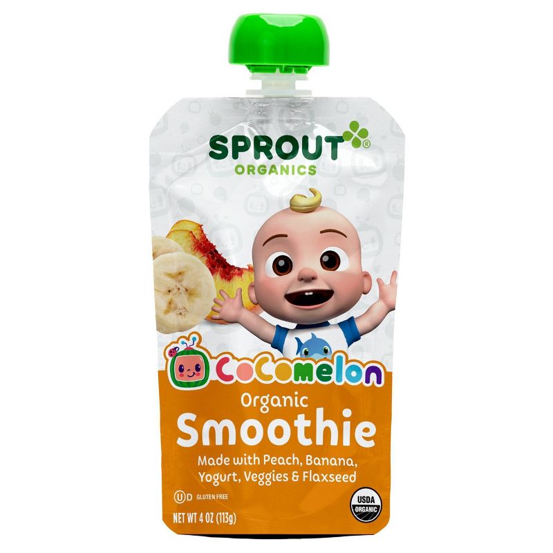 Sprout Foods Cocomelon Organic Peach, Banana and Yogurt Smoothie with Veggies and Flaxseed Baby Snacks - 4oz, 1 of 6