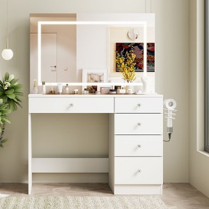 39" Vanity Desk with Mirror and Lights, 5 Drawers Makeup Vanity Desk with Tempered Glass top - 1 of 4