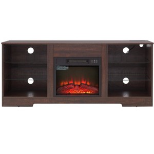 Gulches Espresso TV Stand Entertainment Center Fits TVs up to 62 in with 3D Electric Fireplace Glass Shelves Adjustable Shelves Storage Cabinets - 1 of 4