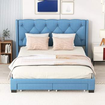 Queen Size Platform Bed With 2 Drawers Linen Upholstered Bed Frame With Storage For Bedroom No Box Spring Needed