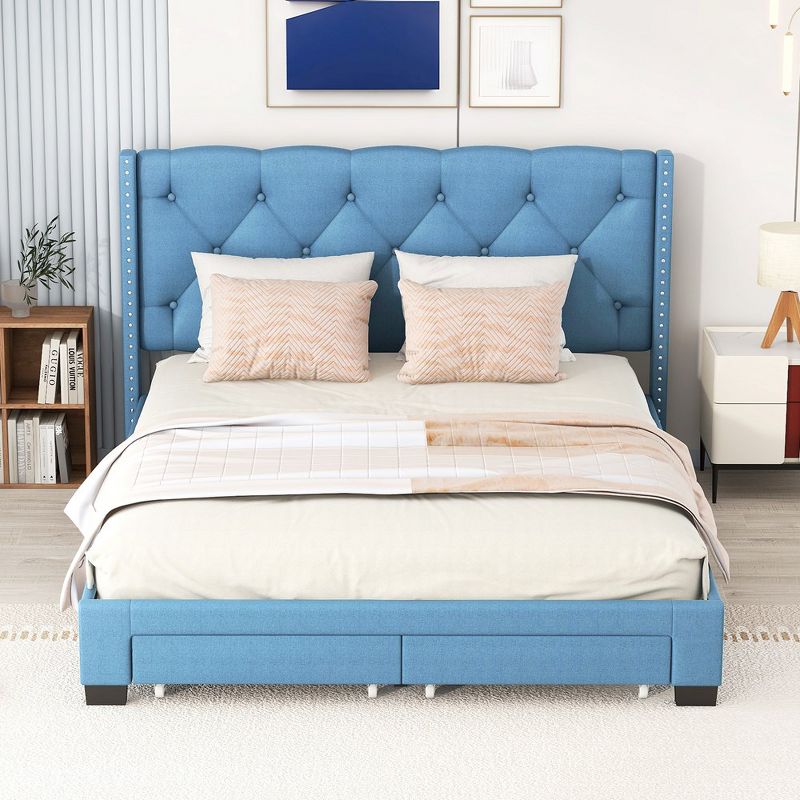 Queen Size Platform Bed With 2 Drawers Linen Upholstered Bed Frame With Storage For Bedroom No Box Spring Needed, 1 of 6