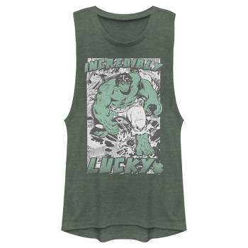 Juniors Womens Marvel Hulk St. Patrick's Day Comic Incredibly Lucky Festival Muscle Tee