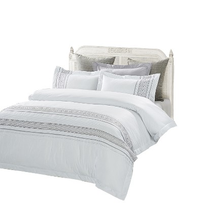 Monroe White Cotton Embroidered Full/Queen Duvet Cover Set