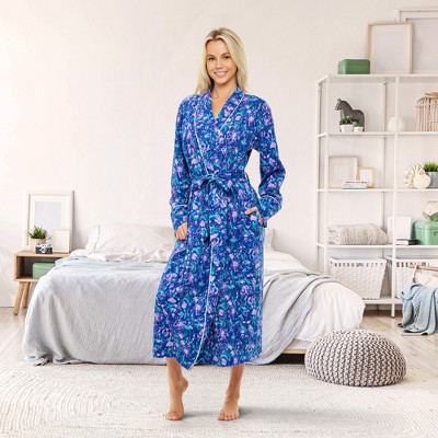 Purple Floral Cotton Knit Jersey Lounge Robe with Pockets