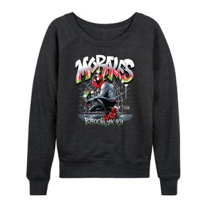 Women's - Marvel - Spider-man Miles Morales Spray Paint Lightweight French Terry Wide Neck Long Sleeve Shirt - 1 of 4