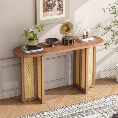 Farmhouse Rattan Console Table Entryway Table, Narrow Console Table with Storage, Hallway Table for Living Room, Entrance