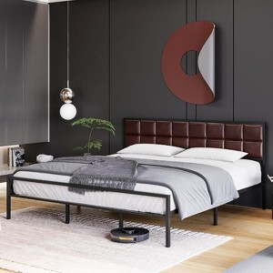 Metal Bed Frame with Upholstered Square Stitched Headboard, Faux Leather Platform Bed Frame, Steel Slats Support, Box Spring Optional - 1 of 4