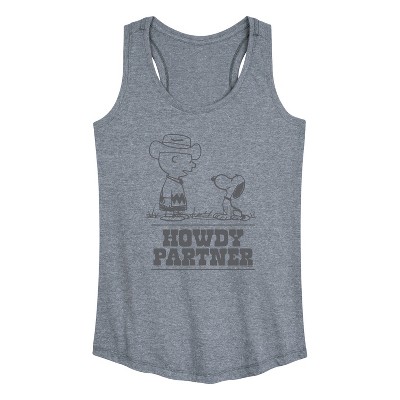 Women's - Peanuts - Charlie Snoopy Howdy Partner -Women's Graphic Racerback Tank Top Graphic Racerback Tank