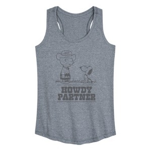 Women's - Peanuts - Charlie Snoopy Howdy Partner -Women's Graphic Racerback Tank Top Graphic Racerback Tank - 1 of 4