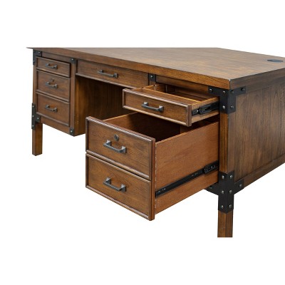 Auburn Brown Wood Executive Desk with Black Iron Accents