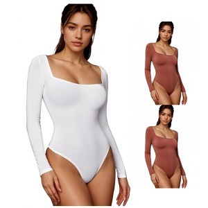 INSPIRE CHIC 3 Packs Women's Long Sleeve Bodysuit Slim Fit Square Neck Tummy Control Brief Leotard - 1 of 4