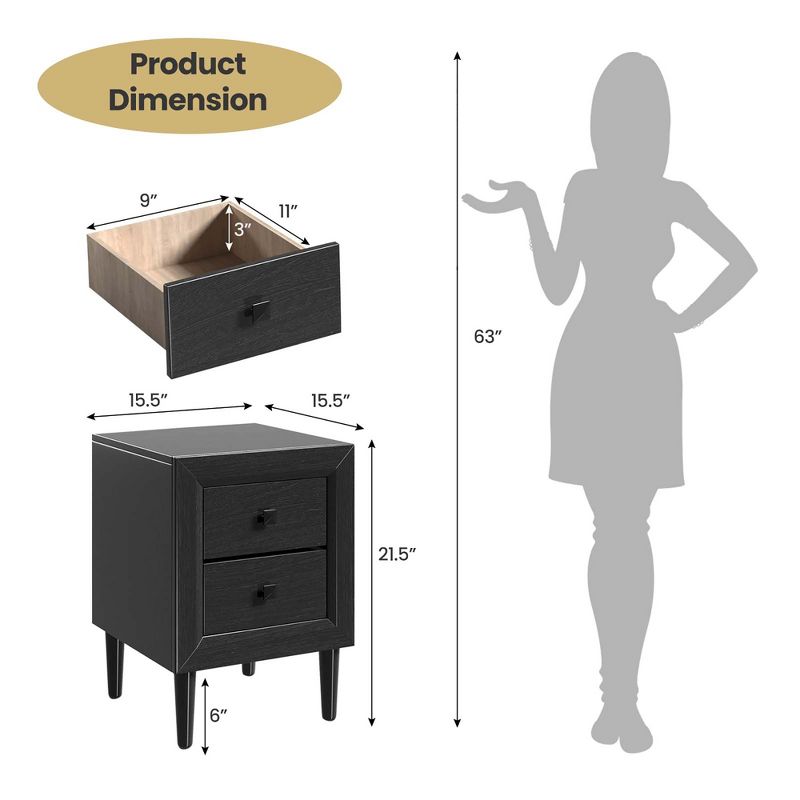 Costway Nightstand End Bedside Coffee Table Wooden Leg Storage Drawers Black\Grey, 4 of 9
