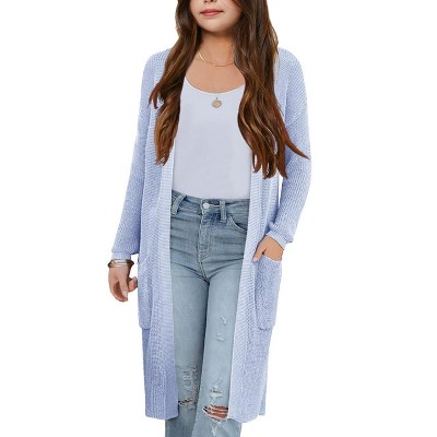 Girl's Long Cardigans Lightweight Sweater Knit Cardigan Open FrontLong Sleeve Shacket for Fall Longline Cardigan with Side Pockets,Blue - L