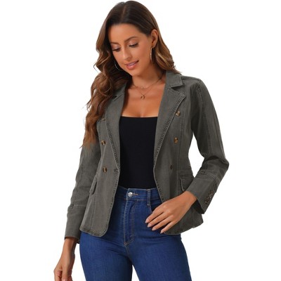 Allegra K Women's Regular Fit Casual Lapel Long Sleeve Denim Pockets Blazer