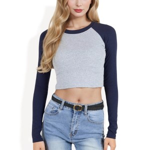 Anna-Kaci Women's Cropped Long Sleeve Raglan Top with Contrast Sleeves and Casual Fit - 1 of 4