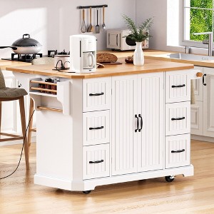YOOCOZZ Rustic Rolling Kitchen Island with Rubber Wood Drop Leaf, Storage Cabinets, Drawers, and Power Outlet - 1 of 4