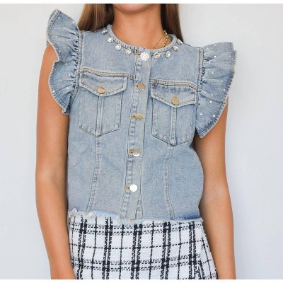 Women's Denim Rhinestone Ruffle Vest - Main Strip S