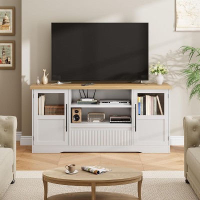 72'' TV Stand, Farmhouse Entertainment Center with Wave Pattern, 2 Glass Door Cabinets & Open Storage, Media Console for Living Room
