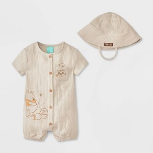 Baby Boys' 2pc Disney Winnie The Pooh Gauze Romper and Hat Set - Oatmeal - 1 of 4