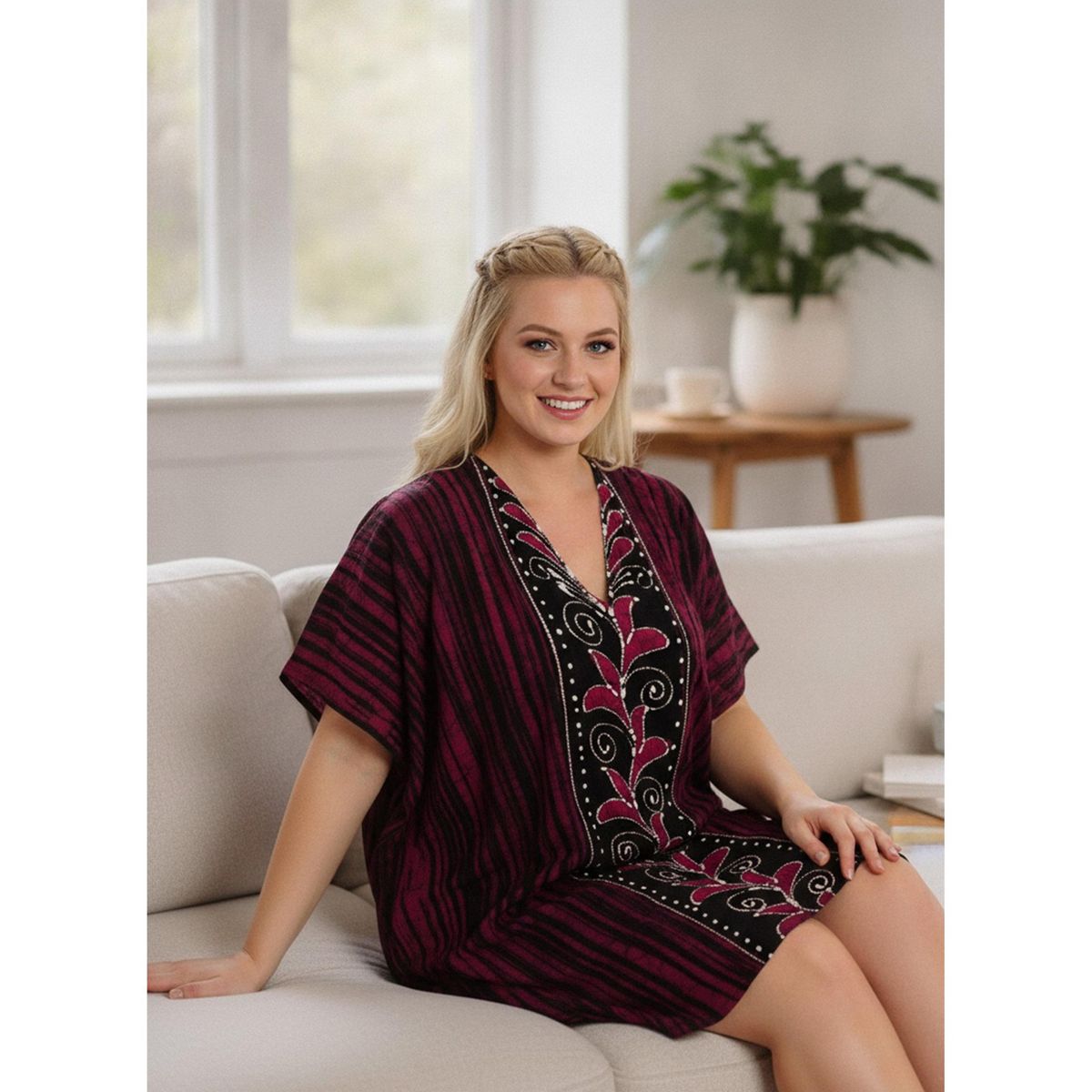 LA LEELA Summer Cotton Caftan Tunic Dress for Women Resortwear Vacation Cruise Holiday Loungewear Pregnancy Wear Beach Cover Up 2X-3X Red Paisley - thumbnail 4