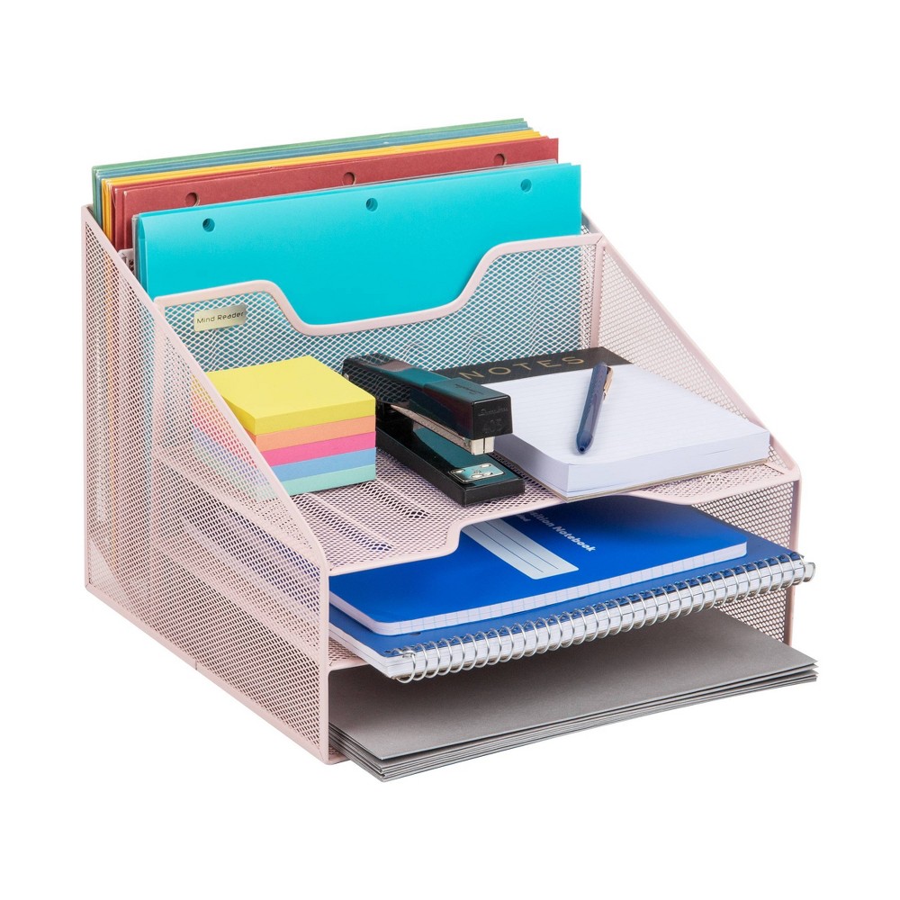 Mind Reader Desktop Organizer, Vertical File Holder, Paper Trays, Office, Metal Mesh, 12.5"L x 11.5"W x 9.5"H, Pink: Desk Organization Set