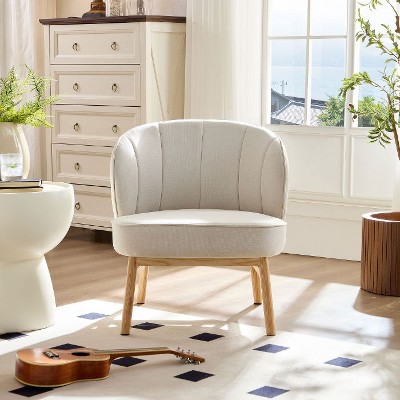 CAVINAS Modern Shell Accent Chair with Wood Legs and Thick Cushion, Lounge Armchair for Living Room, Bedroom