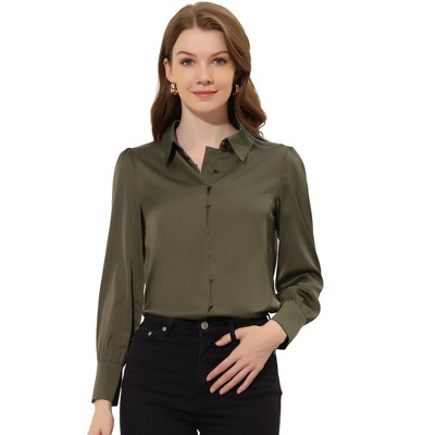 INSPIRE CHIC Women's Puff Long Sleeve Point Collar Vintage Button Work Satin Shirt