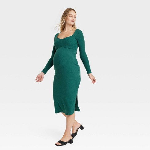 Long Sleeve Corsetry Ribbed Midi Maternity Bodycon Dress - Isabel Maternity  By Ingrid & Isabel™ Teal Green Xs : Target