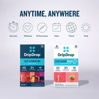 DripDrop Zero Sugar Plus Variety Dietary Supplement Powder - Watermelon, Strawberry, Kiwi - 16ct