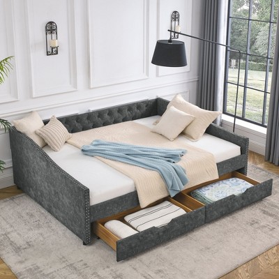 NicBex 84.5" Daybed with Trundle Upholstered Queen Daybed with Waved Shaped Arms Daybed with Storage for Living Room
