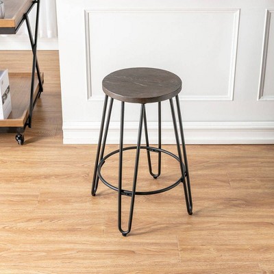 Industrial Black Steel and Wood 24" Backless Counter Stool