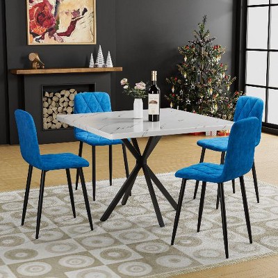 NicBex 5-Piece Dining Set for 4 – Faux Marble Square Table with 4 Leather Upholstered Chairs, Modern Kitchen Table Set