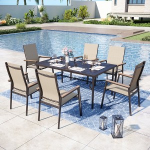 Captiva Designs 7pc Patio Dining Set with Geometric Pattern Rectangle Table & Sling Chairs with Wood-look Armrest - 1 of 4