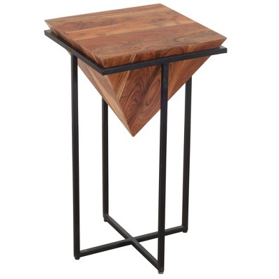 26" Pyramid Shape Wooden Side Table with Cross Metal Base Brown/Black - The Urban Port