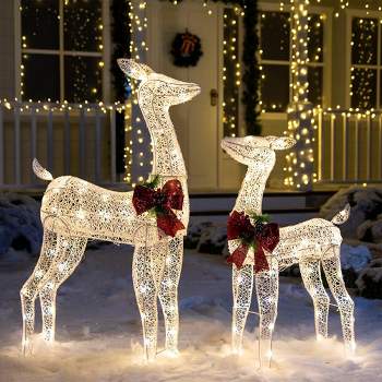 Joiedomi 2 PCS 210 LED Lighted Tinsel Doe and Fawn LED Yard Lights, Christmas Outdoor Warm White Reindeer