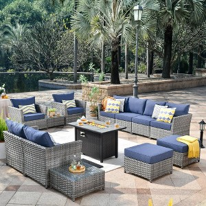 Tenaya 13pc Wicker Outdoor Patio Furniture Set Conversation Sofa with a Metal Fire Pit and Cushions - 1 of 4