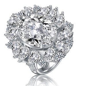 Guili White Gold Plated Oval Cocktail Ring with Clear Cubic Zirconia Snowflake Cluster – A Sparkling Statement Piece with Intricate Design - 1 of 4