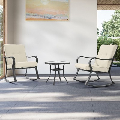 Sonkuki 3-Piece Rocking Chair Patio Bistro Set with Tempered Glass Table