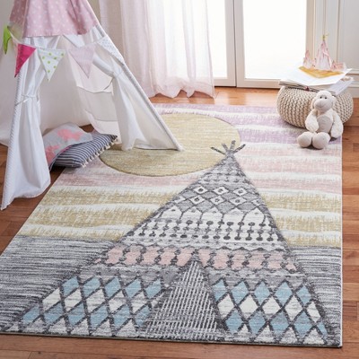 Gray and Pink Synthetic Teepee Design Kids Area Rug 5'3" x 7'6"