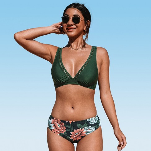Women's Mid Waisted Bikini Swimsuit Floral Back Hook Bathing Suit -cupshe -  Green-xl : Target