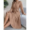 Women's Mock Neck Belted Pleated Midi Dress - Long Sleeve Flowy Swing Dress for Formal & Casual - 3 of 4