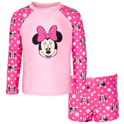 Disney Minnie Mouse Floral Big Girls Upf 50+ Rash Guard And Swim Shorts  Swimsuit Set Polka Dots Pink / White 10-12 : Target