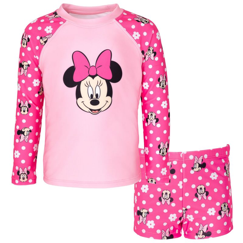 Disney Minnie Mouse Girls UPF 50+ Rash Guard and Swim Shorts Swimsuit Set Little Kid to Big Kid, 1 of 8