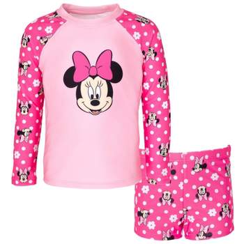 Disney Minnie Mouse Girls UPF 50+ Rash Guard and Swim Shorts Swimsuit Set Little Kid to Big Kid