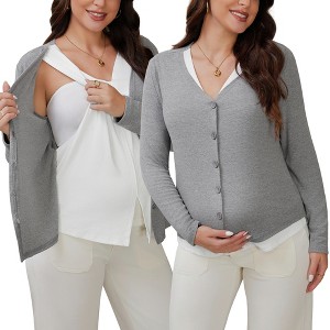 INSPIRE CHIC Women's Maternity Button Down Shirts Pregnancy Clothes Long Sleeve V Neck Faux 2-Pcs Nursing Tops - 1 of 4