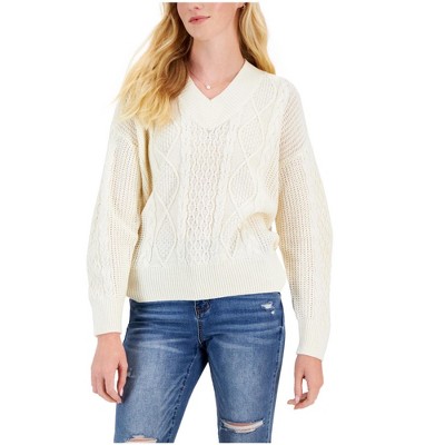 Hippie Rose Womens V Neck Cable Knit Sweater, Off-White, X-Small