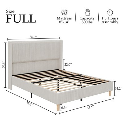 Coucheta Upholstered Bed Frame - Off-white Tall Wingback Headboard with Wooden Feet,Corduroy Platform,Wood Slats,No Box Spring,Easy Assembly