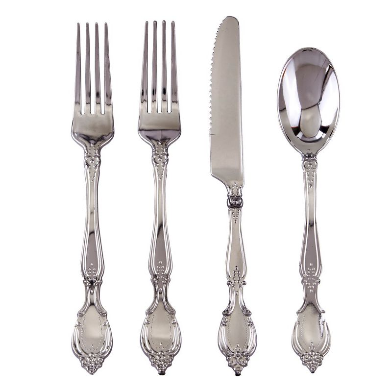 Silver Spoons Antique Disposable Flatware Set, Includes 48 Forks, 24 Spoons and 24 Knives, Silver, Baroque Collection, 1 of 5