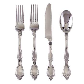 Silver Spoons Antique Disposable Flatware Set, Includes 48 Forks, 24 Spoons and 24 Knives, Silver, Baroque Collection